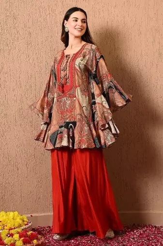 Dark orange kaftan set with  print work