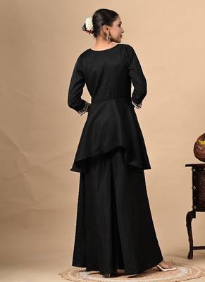 Stylish black co-ord set with thread work on umbrella flared top & bottom 2