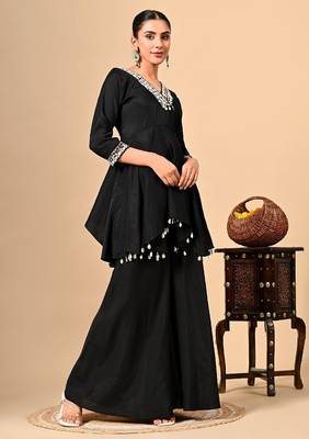 Stylish black co-ord set with thread work on umbrella flared top & bottom 3