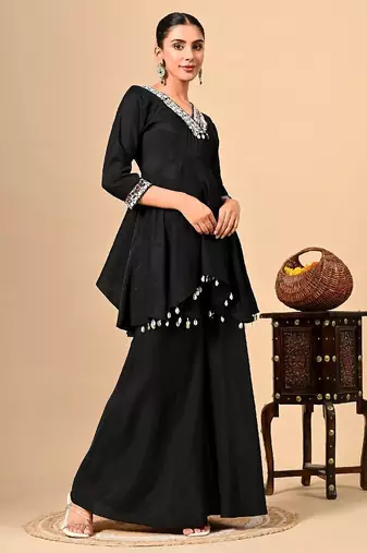 Stylish black co-ord set with thread work on umbrella flared top & bottom