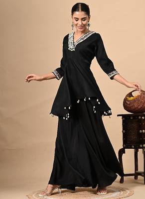 Stylish black co-ord set with thread work on umbrella flared top & bottom 1
