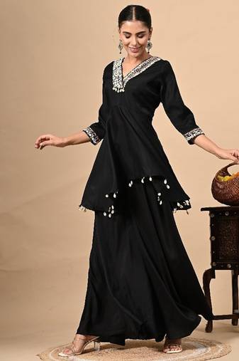 Stylish black co-ord set with thread work on umbrella flared top & bottom