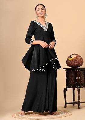 Stylish black co-ord set with thread work on umbrella flared top & bottom 4