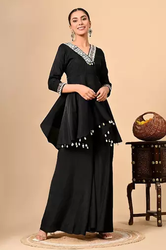 Stylish black co-ord set with thread work on umbrella flared top & bottom