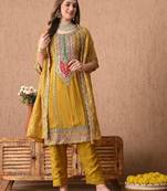 Evergreen yellow kurta set with thread zardozi and sequins work