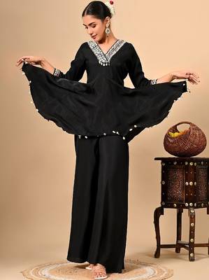 Stylish black co-ord set with thread work on umbrella flared top & bottom 5