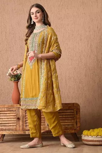 Evergreen yellow kurta set with thread zardozi and sequins work