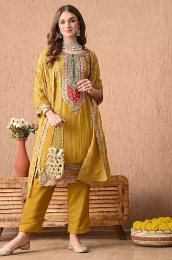 Evergreen yellow kurta set with thread zardozi and sequins work