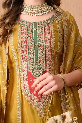 Evergreen yellow kurta set with thread zardozi and sequins work