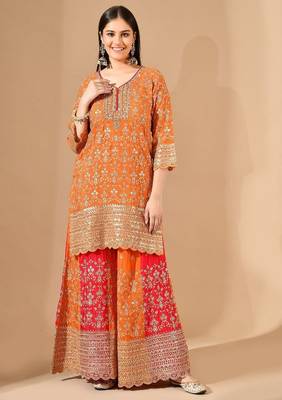 Orange & pink chinon sharara set with zardozi & mirror work 1