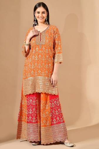 Orange & pink chinon sharara set with zardozi & mirror work