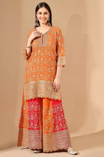 Orange & pink chinon sharara set with zardozi & mirror work
