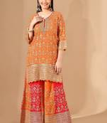 Orange & pink chinon sharara set with zardozi & mirror work