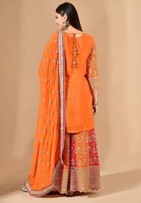 Orange & pink chinon sharara set with zardozi & mirror work 2