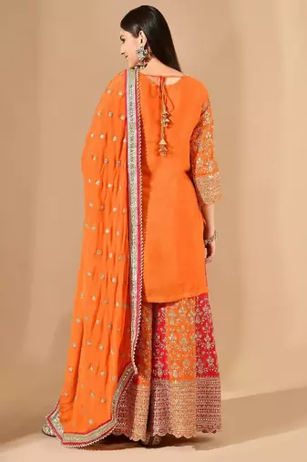 Orange & pink chinon sharara set with zardozi & mirror work