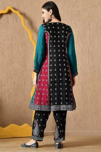 Multicolour thread & zardozi black kurta set
