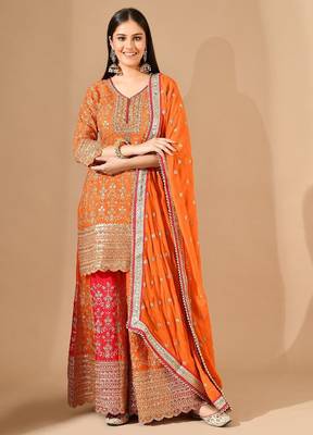 Orange & pink chinon sharara set with zardozi & mirror work 3
