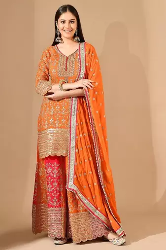 Orange & pink chinon sharara set with zardozi & mirror work