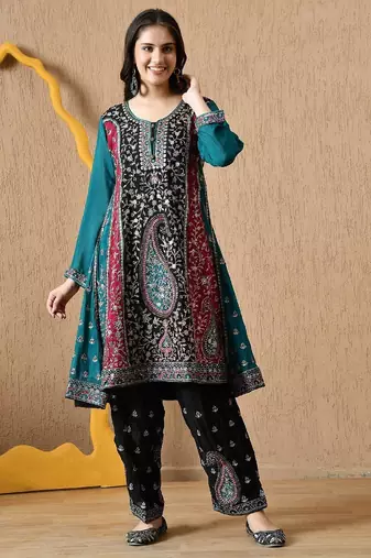 Multicolour thread & zardozi black kurta set