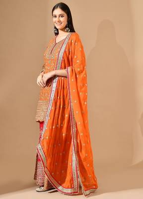 Orange & pink chinon sharara set with zardozi & mirror work 4
