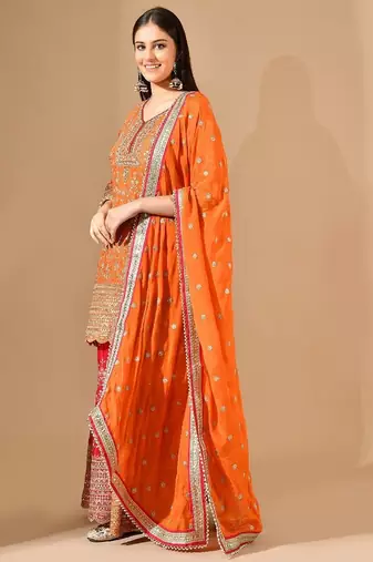 Orange & pink chinon sharara set with zardozi & mirror work