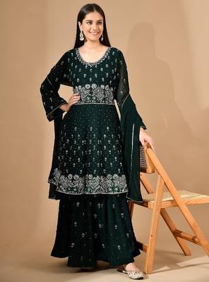 Bottle green georgette sharara set with crystal & thread work 2