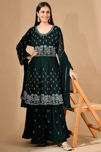 Bottle green georgette sharara set with crystal & thread work