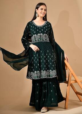 Bottle green georgette sharara set with crystal & thread work 1
