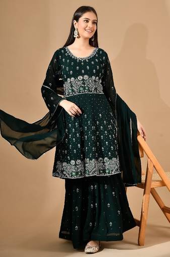 Bottle green georgette sharara set with crystal & thread work
