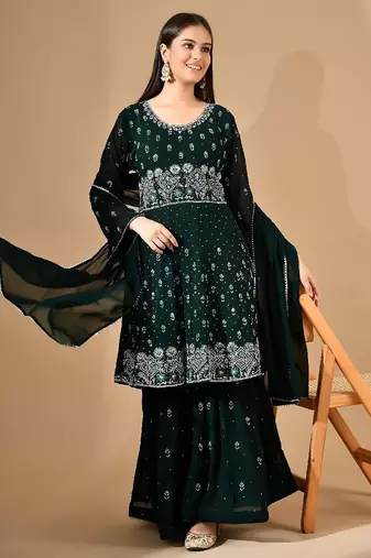 Bottle green georgette sharara set with crystal & thread work