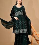 Bottle green georgette sharara set with crystal & thread work