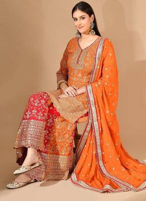 Orange & pink chinon sharara set with zardozi & mirror work 5