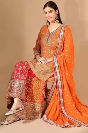 Orange & pink chinon sharara set with zardozi & mirror work