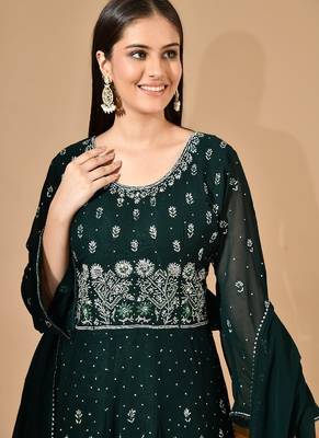 Bottle green georgette sharara set with crystal & thread work 3
