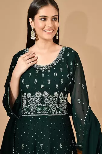 Bottle green georgette sharara set with crystal & thread work