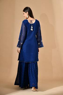 Royal blue georgette sharara set with crystal & zari embroidery 2