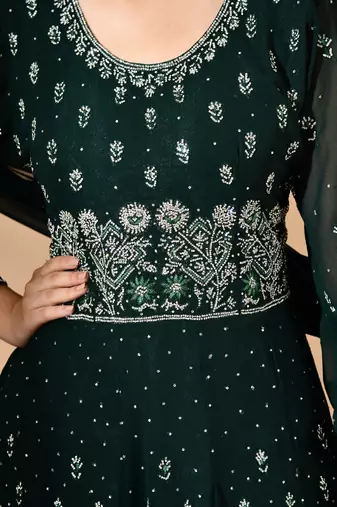 Bottle green georgette sharara set with crystal & thread work