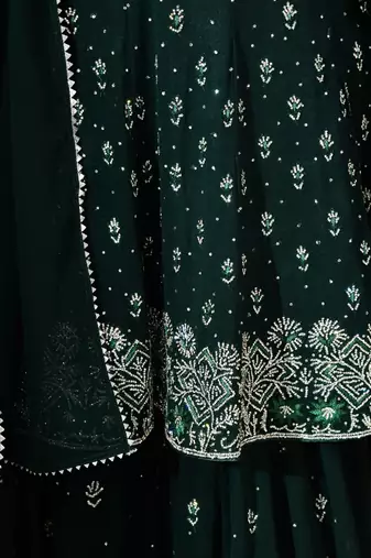 Bottle green georgette sharara set with crystal & thread work