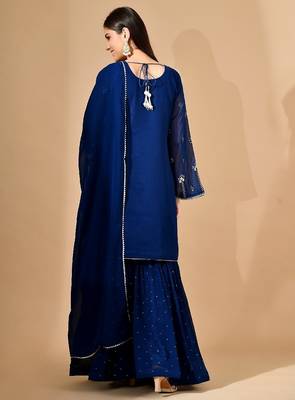 Royal blue georgette sharara set with crystal & zari embroidery 3