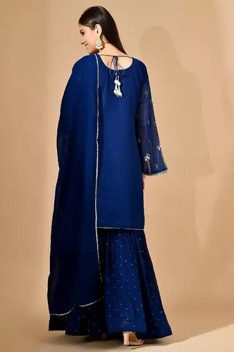 Royal blue georgette sharara set with crystal & zari embroidery