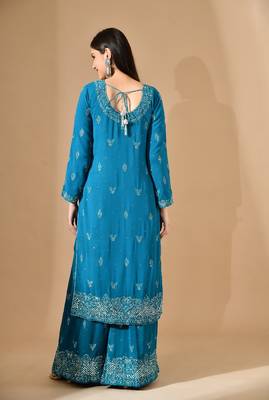 Firozi blue georgette sharara set with mirror & crystal embroidery 2