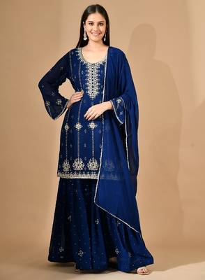 Royal blue georgette sharara set with crystal & zari embroidery 1