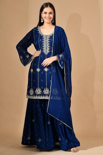 Royal blue georgette sharara set with crystal & zari embroidery