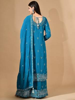 Firozi blue georgette sharara set with mirror & crystal embroidery 3
