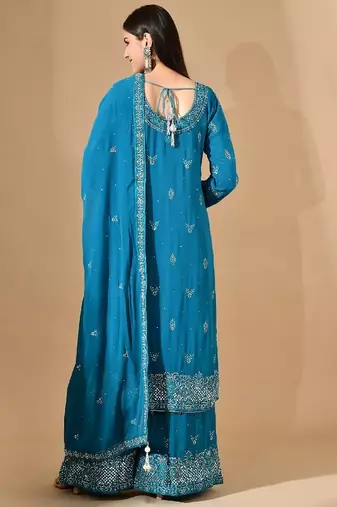 Firozi blue georgette sharara set with mirror & crystal embroidery