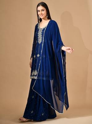 Royal blue georgette sharara set with crystal & zari embroidery 4