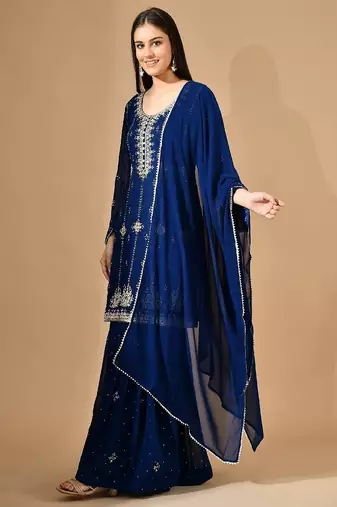 Royal blue georgette sharara set with crystal & zari embroidery