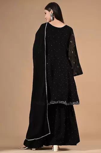 Black georgette sharara set with thread & crystal embroidery