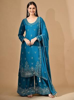 Firozi blue georgette sharara set with mirror & crystal embroidery 1