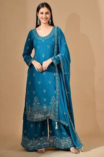 Firozi blue georgette sharara set with mirror & crystal embroidery